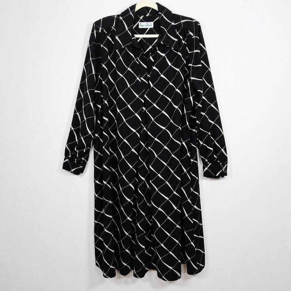 Vintage Draper's & Damon's Mod Retro Shirt Dress Black White XL Mad Men